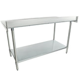 This 60 inch stainless steel work table features an undershelf and raised sides and back, perfect for kitchen or industrial use. Its sturdy legs and smooth top surface with a raised edge help keep items secure and organized.