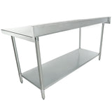 A 72 inch stainless steel work table with a raised edge on one side, four sturdy legs, and an undershelf for extra storage. The smooth surface is easy to clean and designed for heavy-duty use in kitchens or industrial settings.