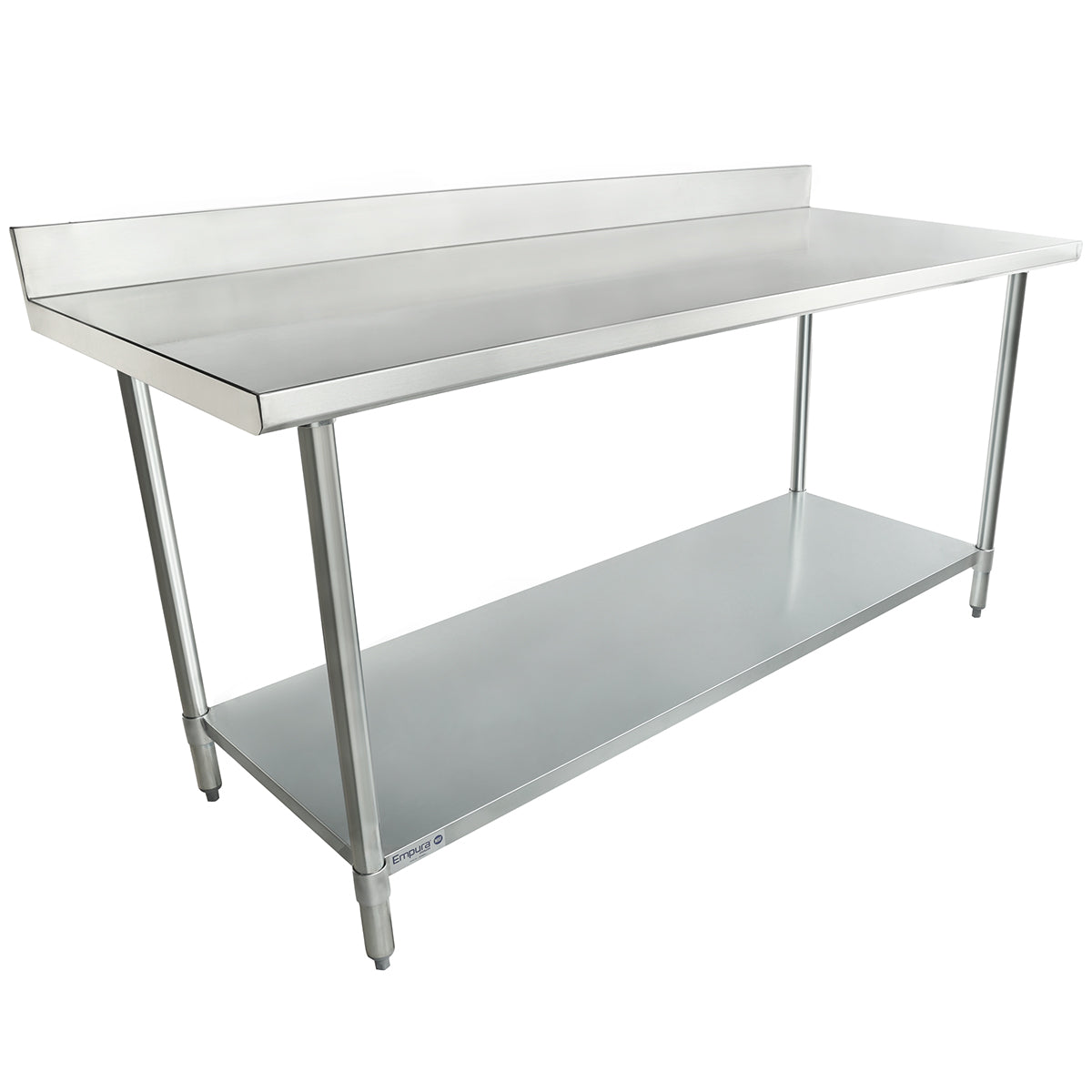 A 72 inch stainless steel work table with a backsplash, featuring four sturdy legs and a lower shelf for storage. Its smooth, flat top and open lower design make it ideal for food preparation in commercial kitchens.