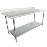 A 72 inch stainless steel work table with a backsplash, featuring four sturdy legs and a lower shelf for storage. Its smooth, flat top and open lower design make it ideal for food preparation in commercial kitchens.