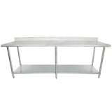 A large 96 inch stainless steel work table with a flat top, an attached backsplash at the back, four sturdy legs, and a lower shelf for storage. The clean, smooth surface is ideal for kitchens or industrial use.