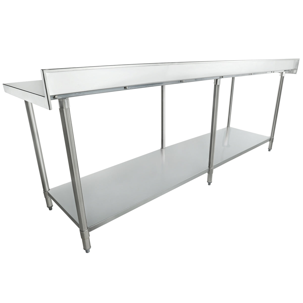 A large 96 inch stainless steel work table with an undershelf and raised rear edge. It features four legs with adjustable feet and a smooth, flat surface, ideal for commercial kitchens or industrial use. The background is plain white.