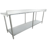 A large 96 inch stainless steel work table with an undershelf and raised rear edge. It features four legs with adjustable feet and a smooth, flat surface, ideal for commercial kitchens or industrial use. The background is plain white.