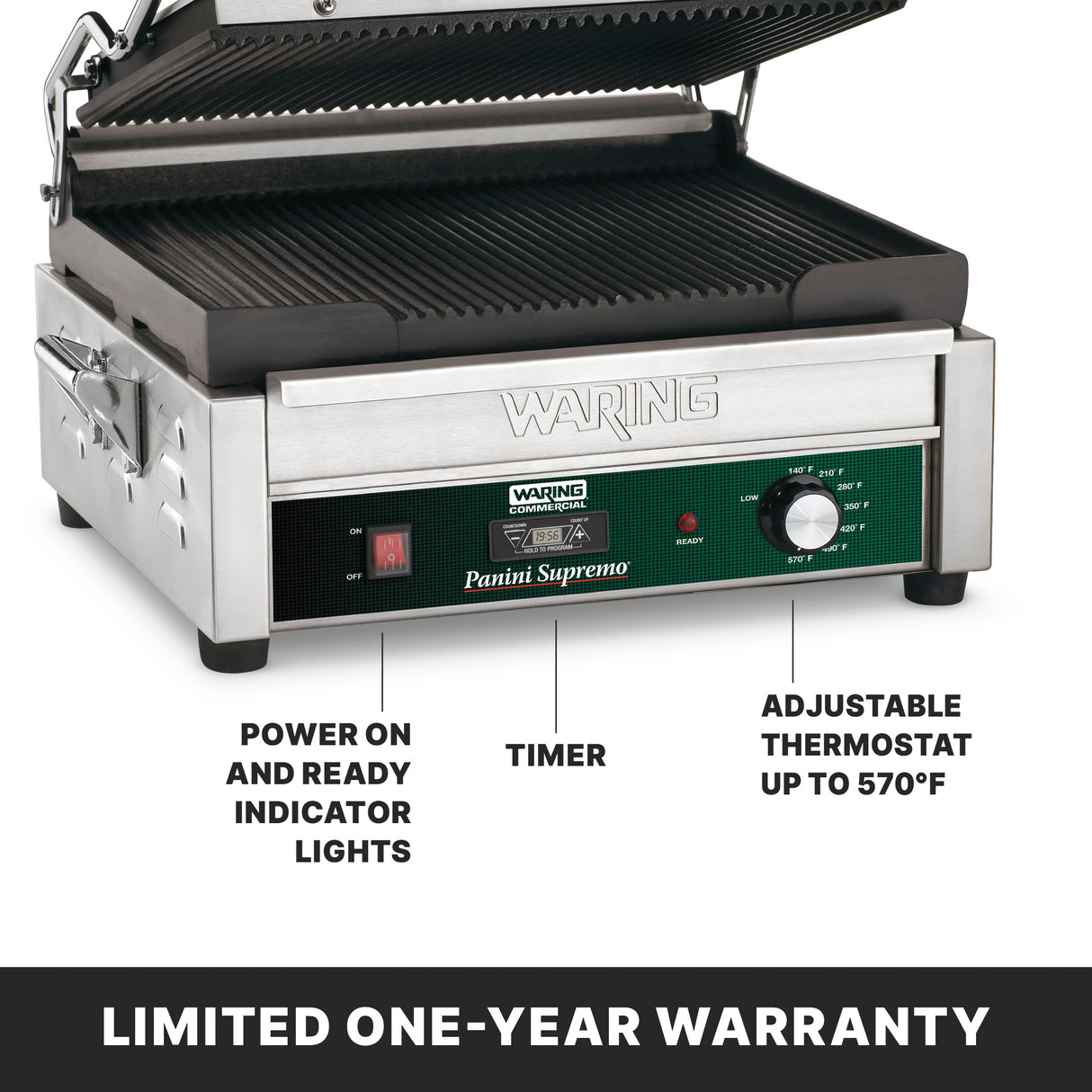 A stainless steel Panini grill with ribbed cast iron plates, timer knob, power and ready indicator lights, and an adjustable thermostat up to 570°F. A label notes its limited one-year warranty. The grill lid is open, revealing the interior plates.