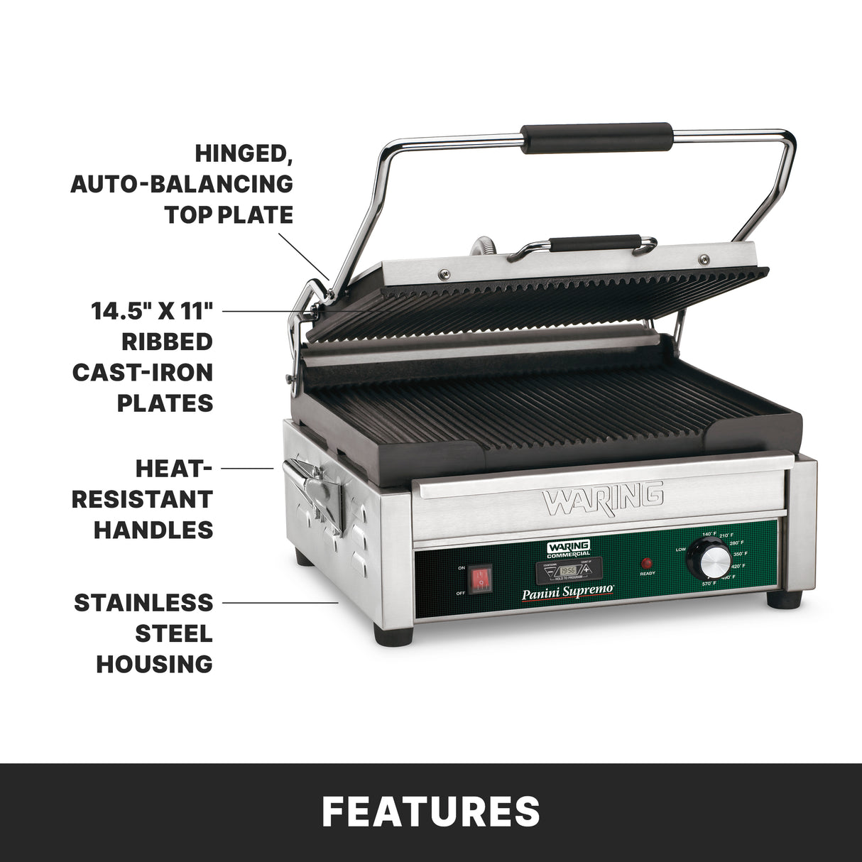 Commercial Panini grill with ribbed cast iron plates, adjustable thermostat, hinged auto-balancing top plate, heat-resistant handles, and stainless steel housing. Front panel features include a control dial and indicator lights; labels highlight key features.