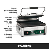 Commercial Panini grill with ribbed cast iron plates, adjustable thermostat, hinged auto-balancing top plate, heat-resistant handles, and stainless steel housing. Front panel features include a control dial and indicator lights; labels highlight key features.
