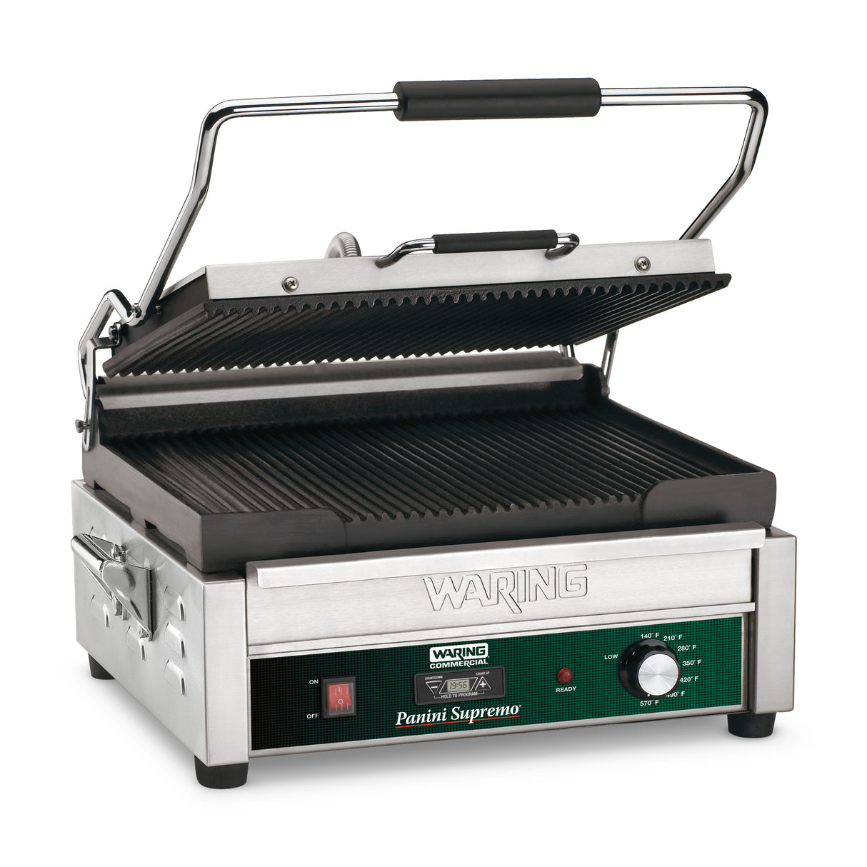 A stainless steel Waring Panini grill with black ribbed cast iron plates, open lid, and green control panel. The panel features an adjustable thermostat, power switch, and indicator lights. The handle is black and silver. The grill is clean and unused.