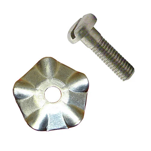 A shiny, five-lobed metal washer with a star-like shape sits next to a silver DMC20 bolt, both on a white background. The washer, often found in Waring Solid Agitator assemblies, has slight indentations and a central hole.