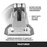 A commercial Belgian waffle maker with a rotary feature for even baking, heavy-duty die-cast housing, power and LED indicators, and an audio chime. This double waffle maker is silver with a top handle, labeled buttons, and highlighted key features.