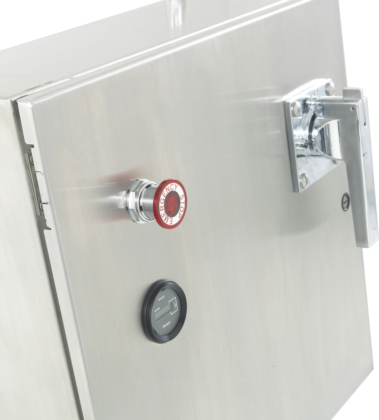 Close-up of a Hobart WastePro self-contained pulper control panel door featuring a red emergency stop button, round black indicator, and shiny metal handle. Brushed stainless steel surface with visible hinges and motorized drain valve.