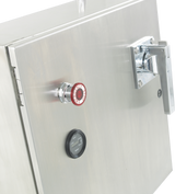 Close-up of a Hobart WastePro self-contained pulper control panel door featuring a red emergency stop button, round black indicator, and shiny metal handle. Brushed stainless steel surface with visible hinges and motorized drain valve.