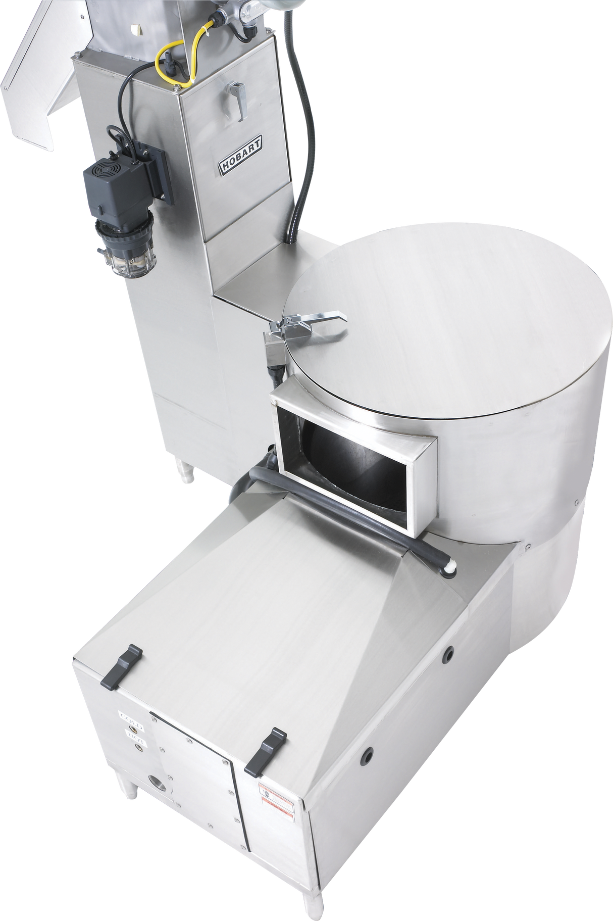 A large, industrial stainless steel Hobart machine with a rectangular base, cylindrical chamber, and attached components including a motorized drain valve, control box, and wires. Its smooth surface features a prominent handle and small viewing window on the cylinder.