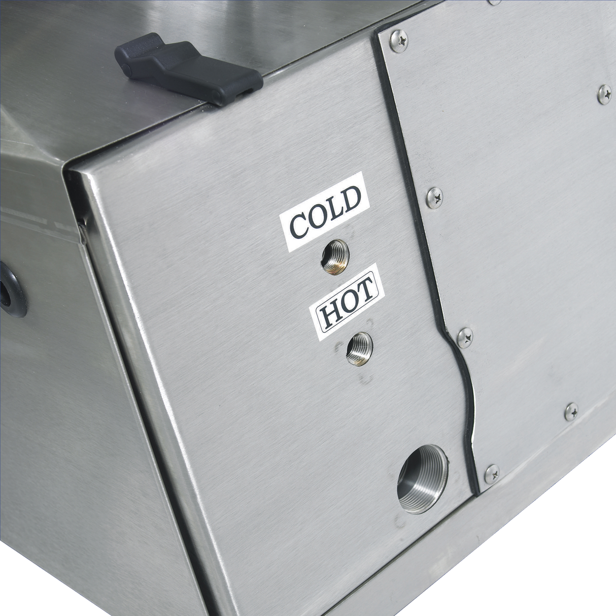Close-up of a stainless steel Hobart machine with two labeled buttons: “COLD” (upper) and “HOT” (lower). Below, a threaded metal opening sits above visible screws. A handle is partially visible at the top left. Ideal for WastePro self-contained pulper systems.