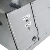 Close-up of a stainless steel Hobart machine with two labeled buttons: “COLD” (upper) and “HOT” (lower). Below, a threaded metal opening sits above visible screws. A handle is partially visible at the top left. Ideal for WastePro self-contained pulper systems.
