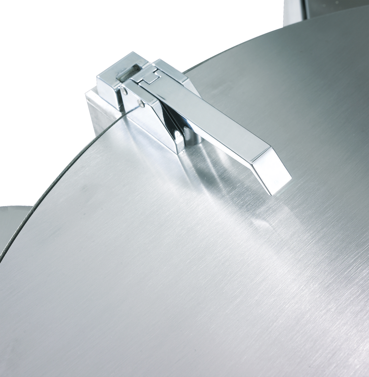 Close-up of a shiny, metallic surface with a rectangular handle attached at an angle. The brushed metal finish reflects light, while the black background highlights the sleek, modern design of this Hobart WastePro self-contained pulper.
