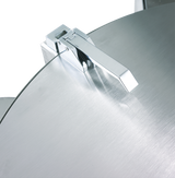 Close-up of a shiny, metallic surface with a rectangular handle attached at an angle. The brushed metal finish reflects light, while the black background highlights the sleek, modern design of this Hobart WastePro self-contained pulper.