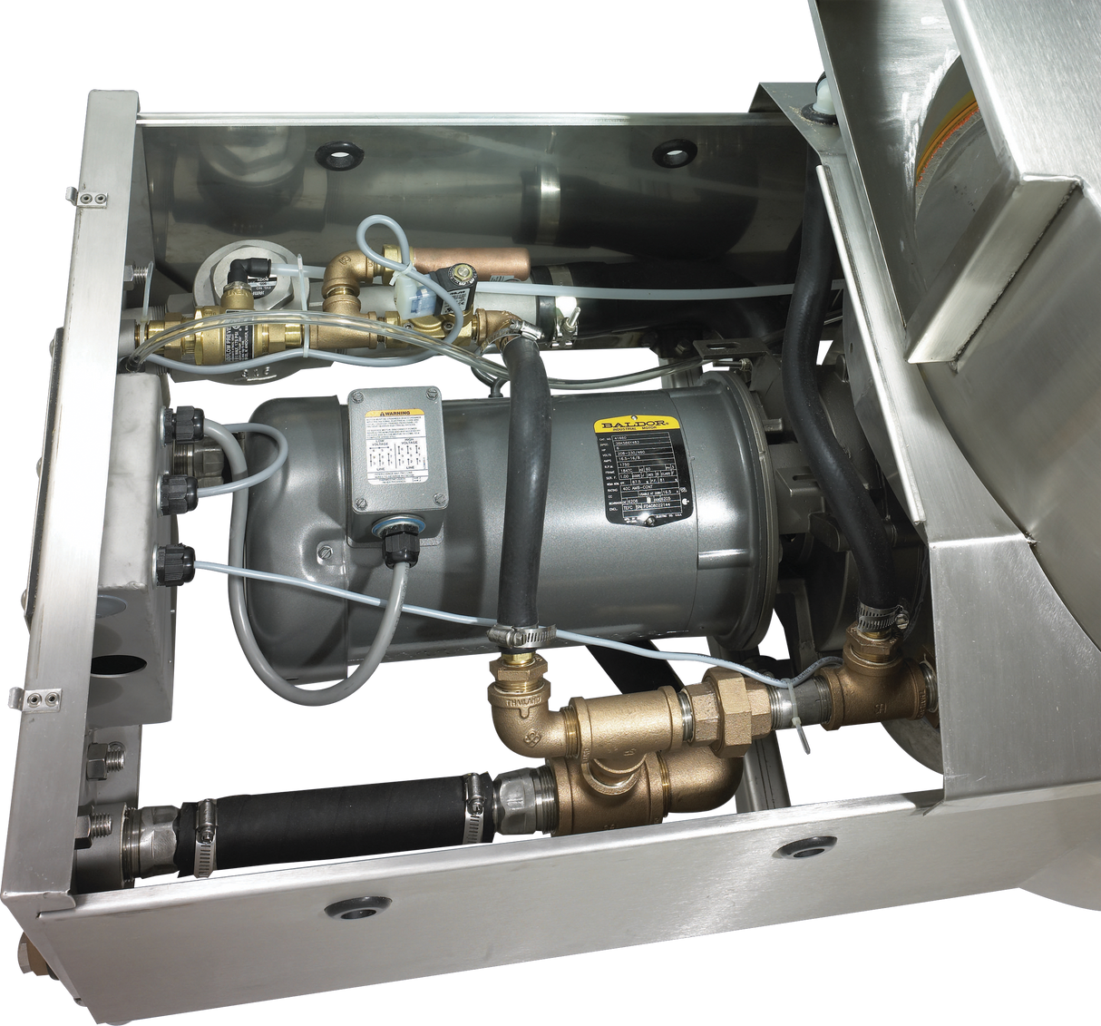 A close-up view of industrial machinery inside a stainless steel enclosure, featuring a cylindrical motor, brass valves, hoses, and wiring—part of a Hobart WastePro self-contained pulper with a motorized drain valve in an organized layout.