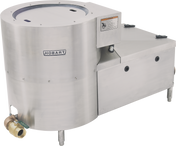 A stainless steel Hobart commercial food processor with a cylindrical drum, motorized drain valve, legs for support, and a labeled control panel. The industrial design is ideal for food preparation in large kitchens.
