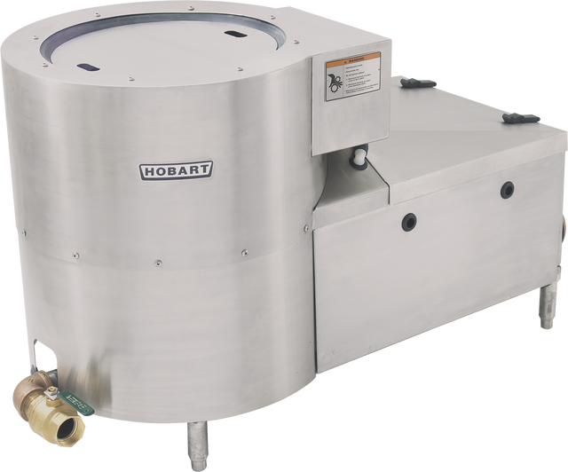 A stainless steel Hobart commercial food processor with a cylindrical drum, motorized drain valve, legs for support, and a labeled control panel. The industrial design is ideal for food preparation in large kitchens.