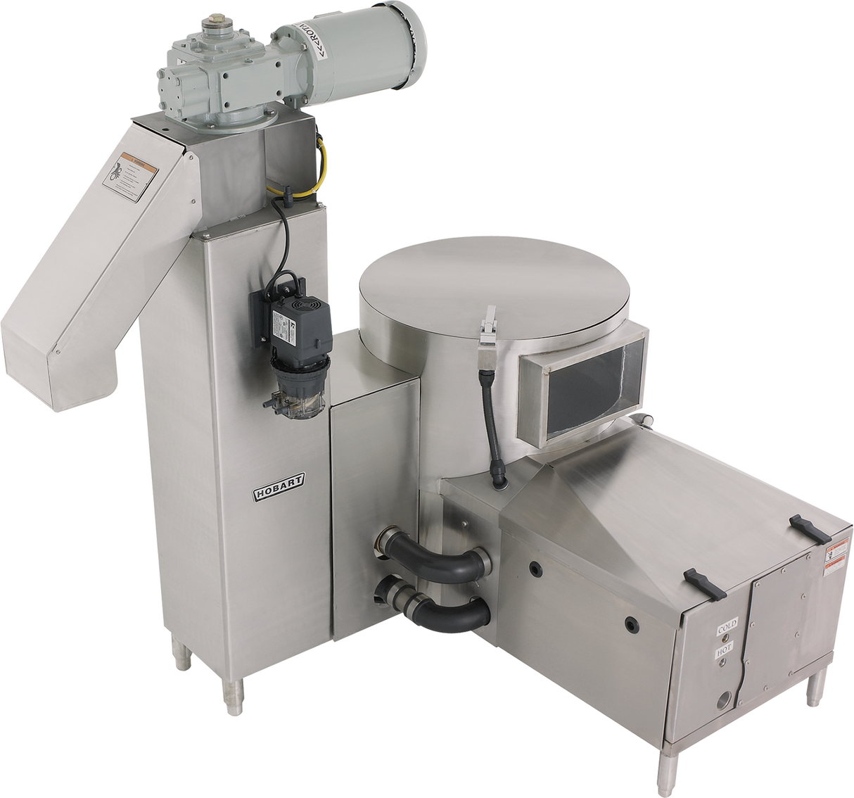 A large stainless steel Hobart WPS1260 industrial food processing machine features cylindrical and rectangular sections, control panels, a motorized drain valve, and pipes. It stands on four legs with the brand Hobart clearly visible on the central section.