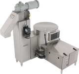 A large stainless steel Hobart WPS1260 industrial food processing machine features cylindrical and rectangular sections, control panels, a motorized drain valve, and pipes. It stands on four legs with the brand Hobart clearly visible on the central section.