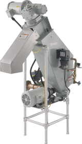 A large, industrial Hobart food waste disposer with a 6 inch metal chute, various pipes and valves, a motor at the base, control box, and warning labels, mounted on a metal frame with visible wiring and structural supports.