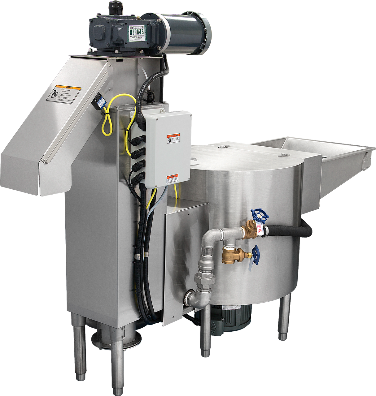A stainless steel WastePro self-contained pulper with cylindrical tank, metal pipes, control box, and electric motor. It features a sloped panel with warning labels, blue valve handles—including a motorized drain valve—wiring, and sturdy metal legs.