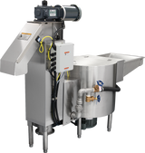 A stainless steel WastePro self-contained pulper with cylindrical tank, metal pipes, control box, and electric motor. It features a sloped panel with warning labels, blue valve handles—including a motorized drain valve—wiring, and sturdy metal legs.