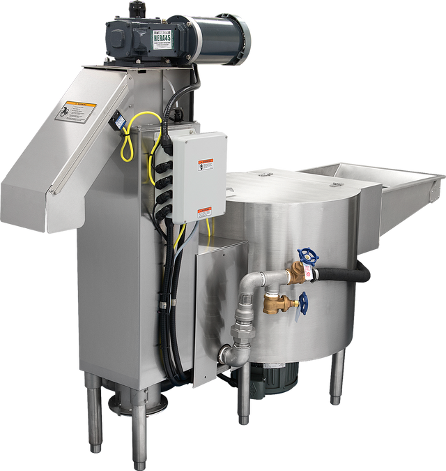 A stainless steel WastePro self-contained pulper with cylindrical tank, metal pipes, control box, and electric motor. It features a sloped panel with warning labels, blue valve handles—including a motorized drain valve—wiring, and sturdy metal legs.