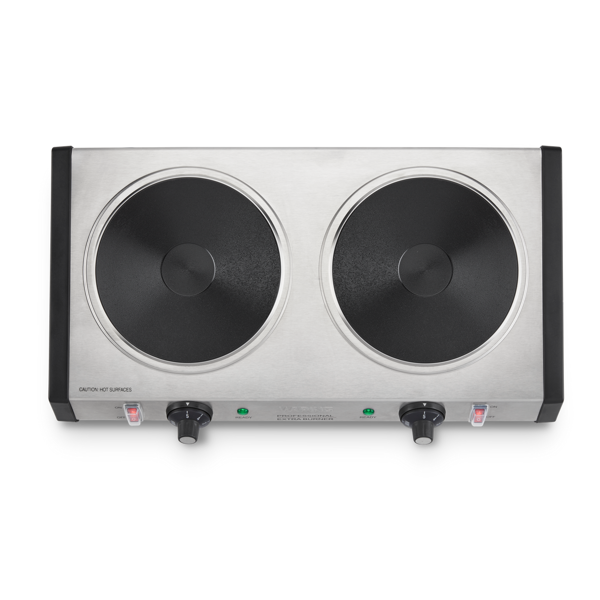 A stainless steel double electric hot plate features two heavy-duty cast iron burner plates, each with a control knob and indicator lights below. The unit has black side handles and a minimalist design, shown on a plain white background.