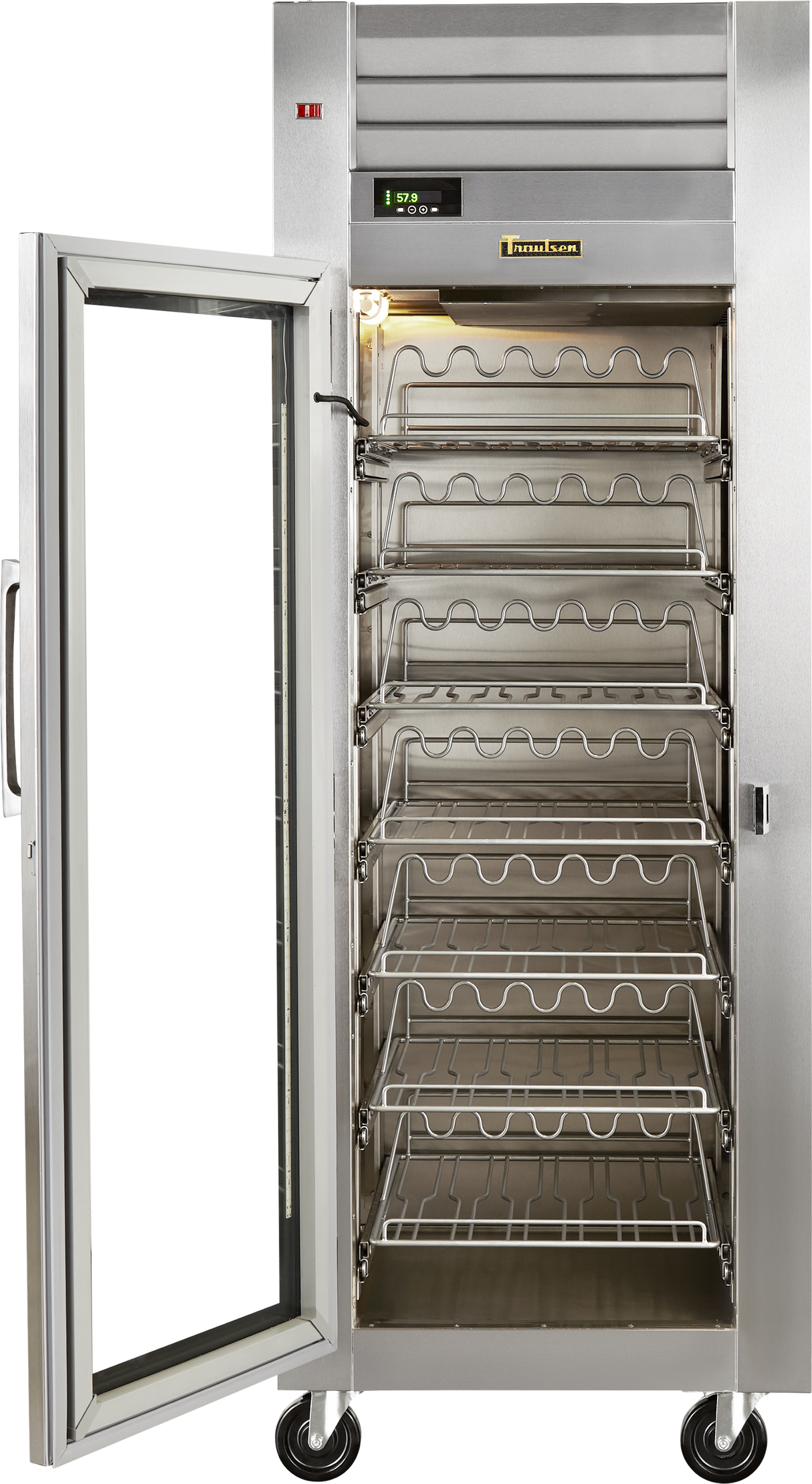 A commercial stainless steel reach-in refrigerator with a glass door is open, revealing multiple empty wire racks inside. The fridge stands on wheels, features a digital temperature display and control panel at the top, and has the interior light turned on.