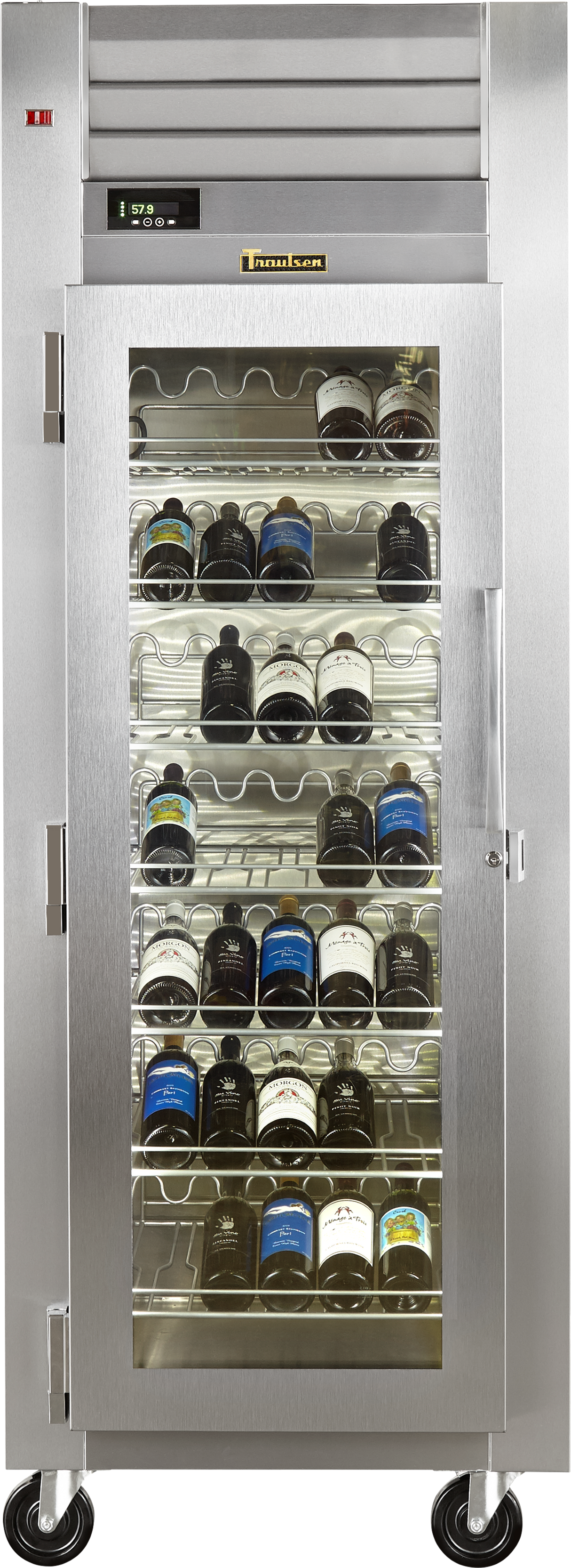 A tall, reach-in stainless steel wine refrigerator with a glass door displays six shelves holding bottles horizontally. The digital temperature display reads 17.8°C, and the unit stands on four black caster wheels for mobility.