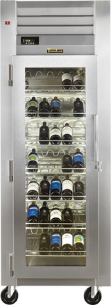 A tall, reach-in stainless steel wine refrigerator with a glass door displays six shelves holding bottles horizontally. The digital temperature display reads 17.8°C, and the unit stands on four black caster wheels for mobility.