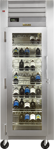 A tall, reach-in stainless steel wine refrigerator with a glass door displays six shelves holding bottles horizontally. The digital temperature display reads 17.8°C, and the unit stands on four black caster wheels for mobility.