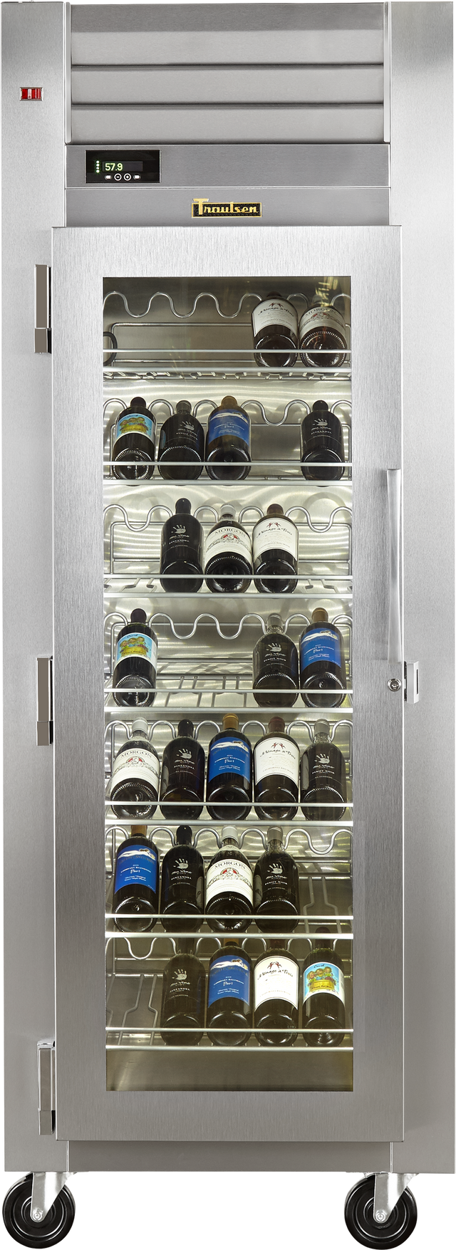A tall, reach-in stainless steel wine refrigerator with a glass door displays six shelves holding bottles horizontally. The digital temperature display reads 17.8°C, and the unit stands on four black caster wheels for mobility.