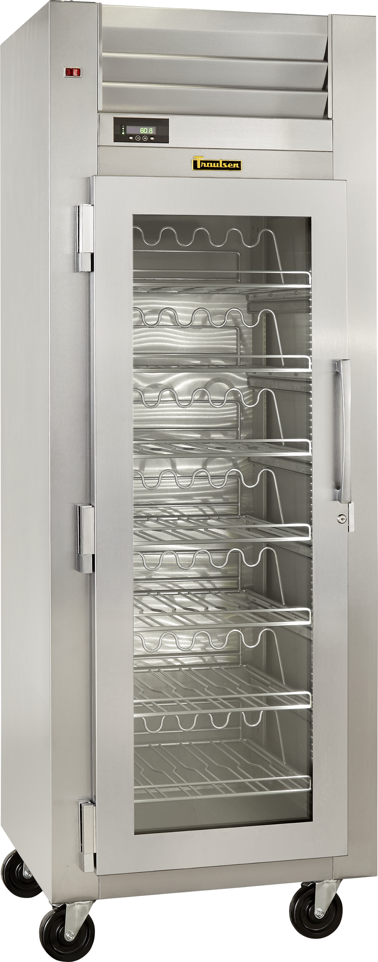 A tall, stainless steel reach-in wine refrigerator with a glass door, metal handle, and five angled wire shelves. The unit stands on black caster wheels and features a digital display panel near the top for easy temperature control.