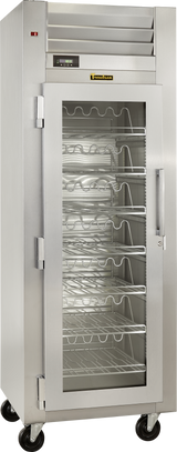 A tall, stainless steel reach-in wine refrigerator with a glass door, metal handle, and five angled wire shelves. The unit stands on black caster wheels and features a digital display panel near the top for easy temperature control.