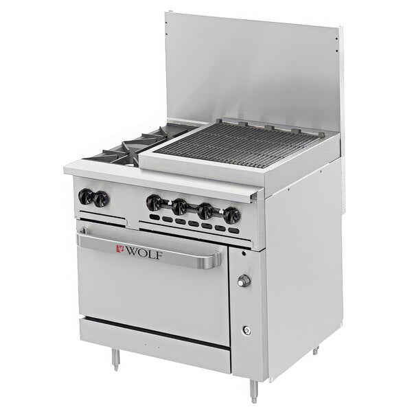 A commercial stainless steel Wolf Challenger XL Restaurant Range with four control knobs, a single oven below, a griddle and two gas burners on top, and a raised stainless backsplash. The oven door features the Wolf logo and sturdy handle. Stands on metal legs.