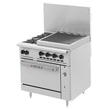 A commercial stainless steel Wolf Challenger XL Restaurant Range with four control knobs, a single oven below, a griddle and two gas burners on top, and a raised stainless backsplash. The oven door features the Wolf logo and sturdy handle. Stands on metal legs.