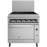 A Wolf Challenger Restaurant Range featuring a black grated stovetop, six control knobs, commercial convection oven below, small red and white Wolf logo, metal backsplash, and wheels at the base for mobility.