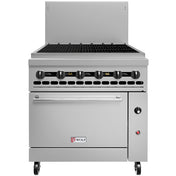 A Wolf Challenger Restaurant Range featuring a black grated stovetop, six control knobs, commercial convection oven below, small red and white Wolf logo, metal backsplash, and wheels at the base for mobility.