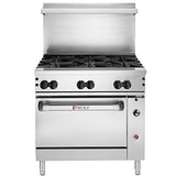 A stainless steel commercial restaurant range with six black burner grates, four front control knobs, an oven door with a handle, the “Wolf” logo, and a high backsplash with upper shelf. This gas cooking appliance stands on sturdy metal legs.