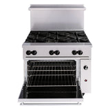 A commercial restaurant range with stainless steel construction features four black burner grates, four control knobs, and an oven below with two metal racks inside. The raised backsplash panel completes this durable gas cooking appliance.