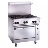 A commercial restaurant range featuring stainless steel construction, four gas burners, a spacious oven, front control knobs, and the Wolf logo. It includes casters for mobility and a backsplash with a shelf above the burners.