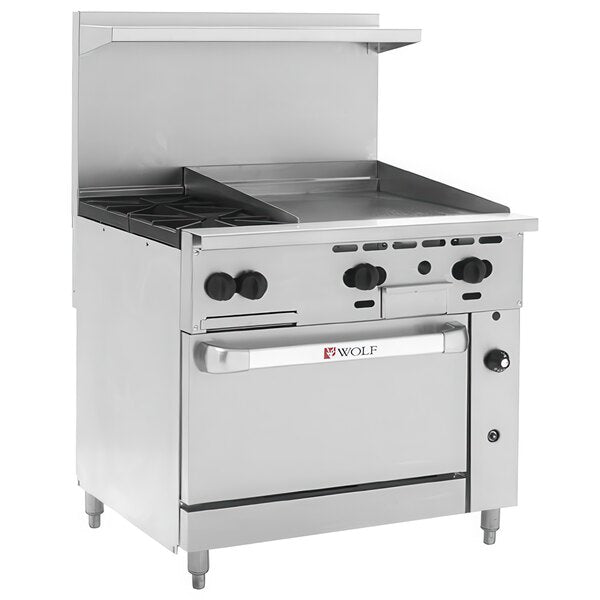 The Wolf Challenger XL Restaurant Range is a modern, industrial commercial gas range featuring two burners, a flat griddle, front control knobs, an oven door with a signature handle, backsplash shelf, and four sturdy legs.