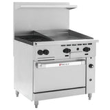 The Wolf Challenger XL Restaurant Range is a modern, industrial commercial gas range featuring two burners, a flat griddle, front control knobs, an oven door with a signature handle, backsplash shelf, and four sturdy legs.