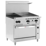 The Wolf Challenger XL Restaurant Range is a modern, industrial commercial gas range featuring two burners, a flat griddle, front control knobs, an oven door with a signature handle, backsplash shelf, and four sturdy legs.