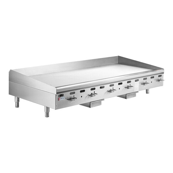 A heavy duty countertop griddle, this large commercial stainless steel flat top grill features six control knobs, raised splashes, and sturdy legs. Ideal restaurant kitchen equipment with a smooth surface and two grease trays for drippings.