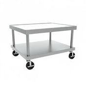A stainless steel utility cart with a square top, open frame, lower shelf, and four black swivel caster wheels. Its simple, industrial design makes it ideal as an equipment stand or for storage in commercial kitchens and stainless steel workspaces.
