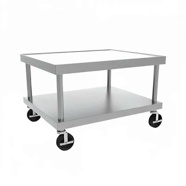 A stainless steel utility cart with a square top, open frame, lower shelf, and four black swivel caster wheels. Its simple, industrial design makes it ideal as an equipment stand or for storage in commercial kitchens and stainless steel workspaces.